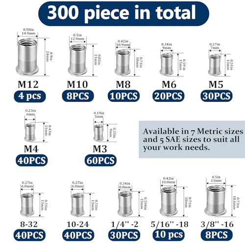 Image of Metric & SAE Rivet Nut Assortment Kit(300 Pcs), M3 M4 M5 M6 M8 M10 M12#8-32#10-24 1 /4 inch-20 5 /16 inch-18 3 /8 inch-16 304 Stainless Steel Rivnut Set UNC Flat Head Nutsert