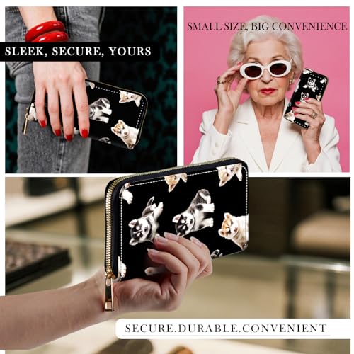 RFID-Blocking Zip Around Wallets for Women with Detachable Wrist Strap,Large Capacity Phone Holder with Card Organizer & Coin Pocket,Husky Puppies4