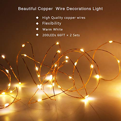 BHCLIGHT 2 Pack Each 72FT 200LED Solar String Lights, Upgraded Super Durable Solar Lights Outdoor, Waterproof Copper Wire 8 Modes Fairy Lights for Home Decor Patio Garden Party (Warm White)