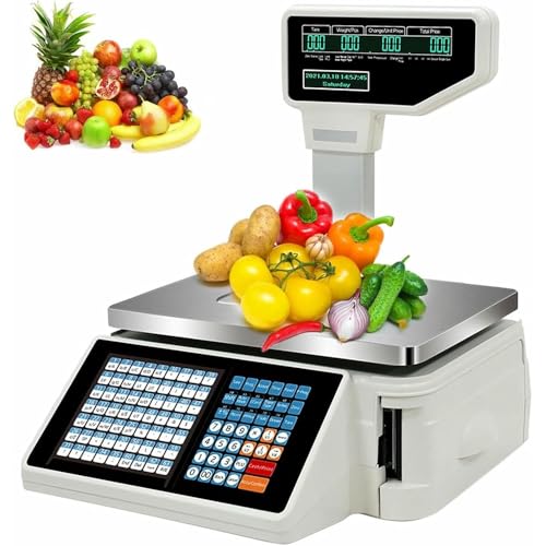 Báscula de impresión de etiquetas comerciales con escáner de código de barras, capacidad de 30 kg, caja de dinero para cálculo de precios de supermercado, máquina + escáner