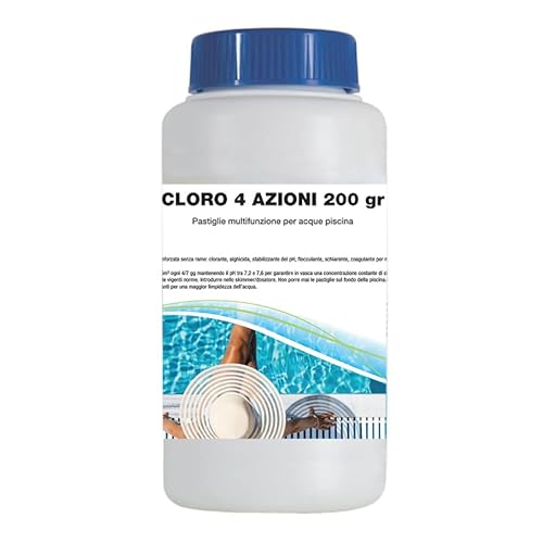 Virsus 1Kg Cloro 4 azioni a Pastiglie per acque piscina 5C12, 5 Pastiglie da 200 gr, a lenta dissoluzione per la disinfezione dell’acqua, Clorante, Alghicida, Stabilizzante del pH, Flocculante