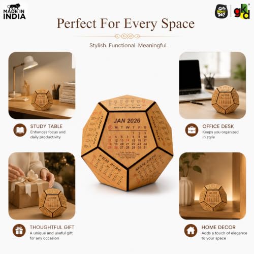 Image of Gift Kya De 2026 Wooden Pentagon Desk Calendar | Premium 3D Big Size Table Calendar | Bamboo Wood Eco-Friendly Office Desk Decor | Unique Corporate Gift | Made in India (8x8 inch big size)
