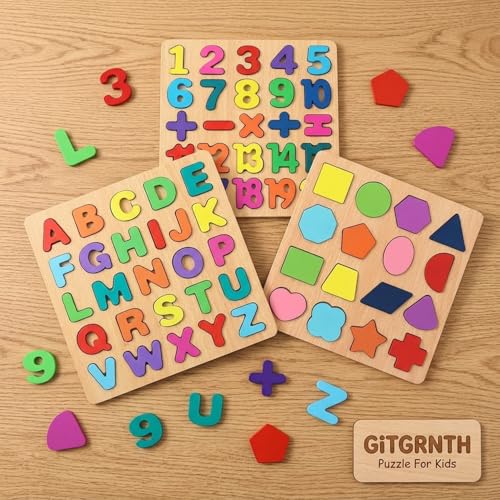 Image of GITGRNTH 3 in 1 Wooden Puzzles for Toddlers | Educational Board Game ABCD Alphabets, Numbers & Shapes Puzzles -Puzzle Toys for 2 Years Old Boys & Girls, Preschoolers - Educational Toys