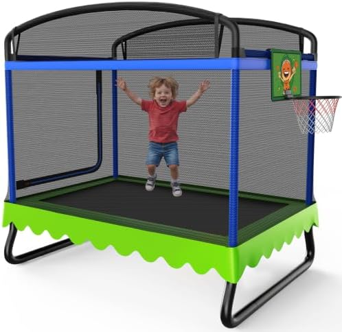 Zupapa 4 * 6FT Rectangle Kids Trampoline with Safety Enclosure Net, Basketball Hoop, Heavy-Duty Double Layer Frame, Indoor/Outdoor Square Trampoline for Toddlers Ages 3-6, 220LBS Capacity