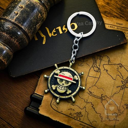 Image of One Piece Anima Manga Pirate Flag Logo Wheel Rotating Heavy Metal Keychain,|Anime Key ring| Perfect Keychain For Anime Lover|car Bikes Gold & Grey Combo pack