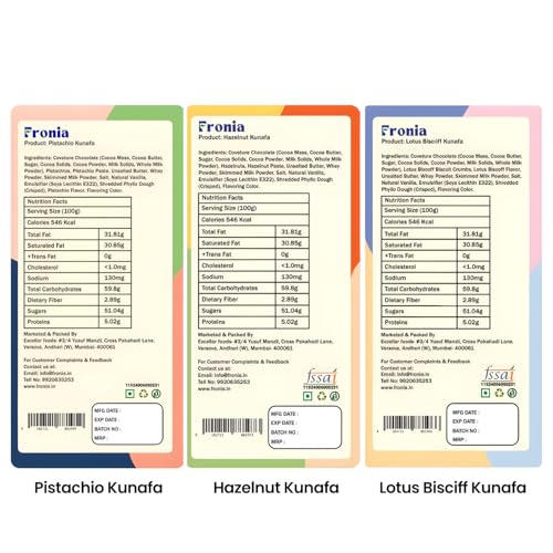 Image of Fronia Kunafa Chocolate Triple-Flavor Combo Pack Dubai Style - Pistachio, Hazelnut & Lotus Bisciff Kunafa Chocolate Dessert, Milk Chocolate with Creamy Pistachio, Hazelnut & Lotus Bisciff Filling & Crunchy Kunafa Layers | 100g Each