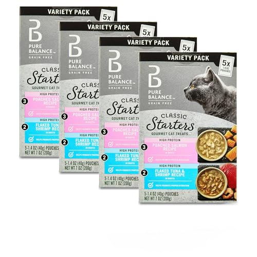 Pure Balance Gourmet Cat Treat Starters, Salmon, Tuna & Shrimp Variety Pack, Wet Cat Treat Topper, High Protein, 5 Count, 1.4 oz Pouches (4-Pack)