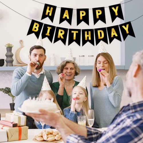 Image of Hooqict Happy Birthday Banner Black and Gold Birthday Decorations for Kids Men Women Black Party Banner Decorations Supplies Wall Door Garland Sign Bunting Flag