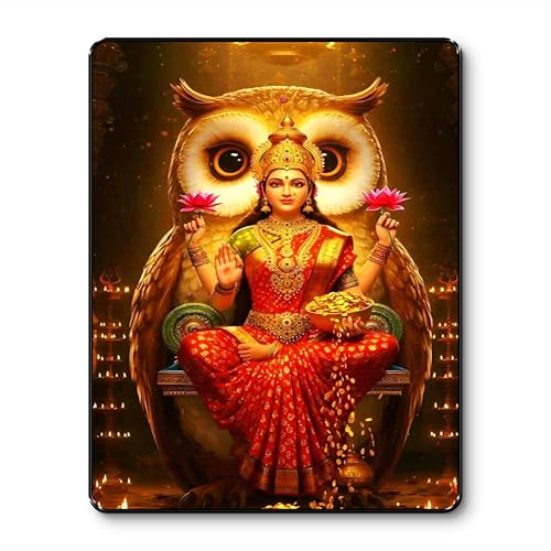 Image of SAF Goddess Lakshmi with Owl Wall Painting Black Framed Sparkle Lamination Vastu Positive Energy Wealth Art for Home Temple Office Living Room Entrance Wall Decor (14 Inch x 11 Inch) K-36109
