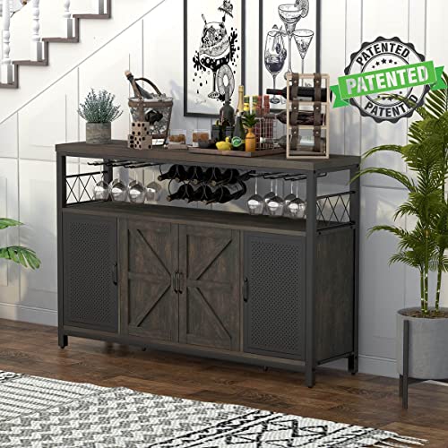 Aubtik Industrial Wine Bar Cabinet For Liquor And Glasses, Rustic Sideboard And Buffet With Storage For Home, Farmhouse Coffee Bar Cabinet With Removable Wine Rack And Stemware Racks (Walnut Brown) #TOP6