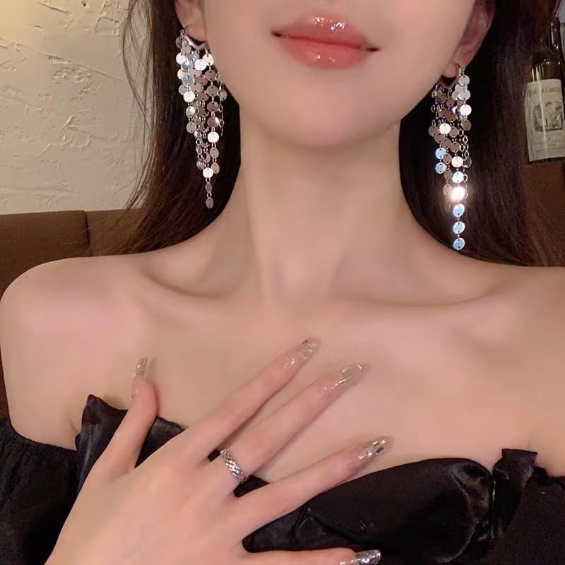 Sequin Metal Tassel Earrings Disc Tassel for Women 18K 14K Gold Plated Trendy Dainty Earrings Lightweight Sparkly Chandelier Hoops Small Leaf2