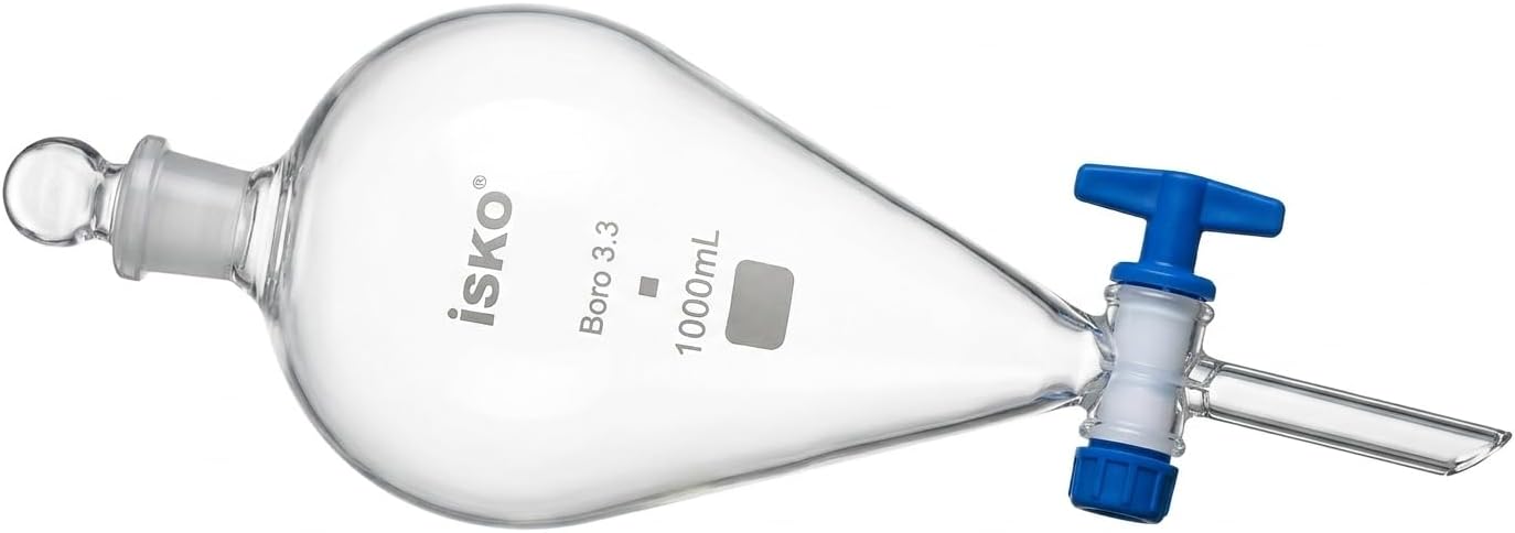 ISKO® Borosilicate Glass Heavy Wall Conical Separating Funnel with interchangeable stopper and fully teflon PTFE Stopcock (1000ML Capacity)