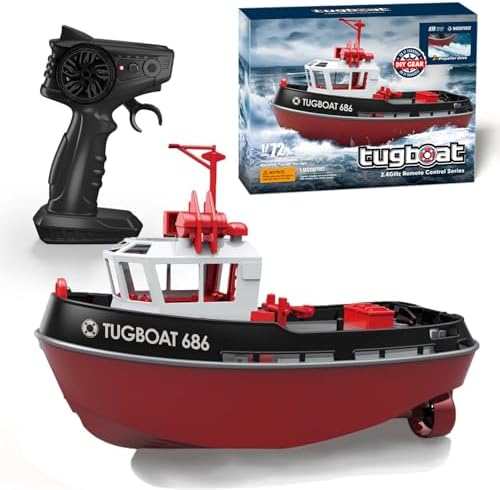 Yoyoom RC Boat, 1/72 RC Tugboat for Pools and Lakes, 2.4Ghz High-Speed Remote Control Boat with LED Lights and Low Battery Alarm for Teen and Adult