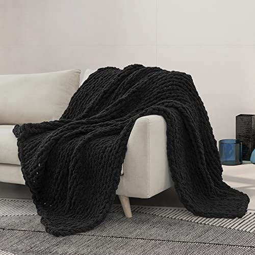 Sunyrisy Chunky Knit Throw Blanket, Luxury Soft Cozy Chenille Throw Blanket, Large Throw Bed Blanket For Couch, Sofa, Home Decor,Gift - Machine Washable (Black 40X48 In) #TOP1
