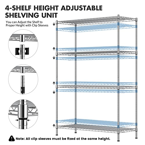 Leteuke Wire Shelving Unit with Wheels, NSF Certified 4 Tier Adjustable Storage Shelves 48\"×18\"×72\", 2400LBS Heavy Duty Shelving Commercial Grade Metal Storage Utility Rack for Kitchen Garage, Chrome