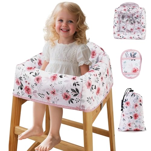 Lunobubo Baby High Chair Cover Restaurant with Strap Pads & 3-Point Harness, Machine Washable, Waterproof Portable Highchair Covers for Eating, Travel, Home Use - Fits Wooden Chairs, Pink Flowers