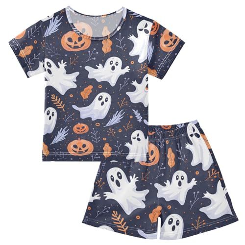 ALAZA Halloween Pumpkin Navy Blue Pajamas Short Sleeve 2 Piece Sleepwear Top and Bottom Pajama Set Unisex