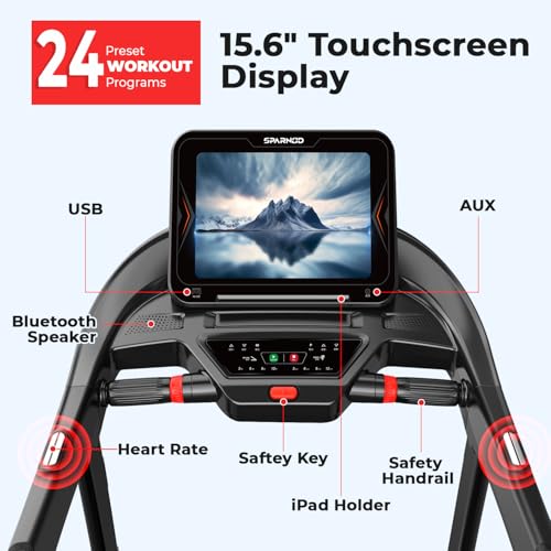 Image of Sparnod Fitness STH-5730 High-Performance Treadmill, 7HP Peak DC Motor, Auto Incline 15.6 inch Touch Screen, Bluetooth Speaker, Hydraulic Foldable Running Machine for Gym, 150Kg Capacity, Shock Absorption