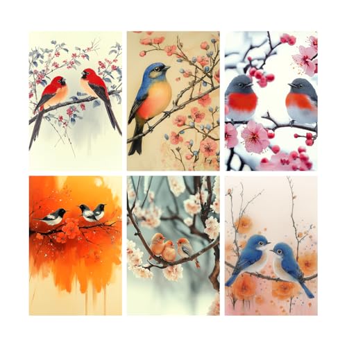 Image of SiddArtify Bird Wall Art Poster Print Set - Watercolor Bird and Blossom Prints for Living Room Bedroom Decor - 12x18 inch Board Pack of 6
