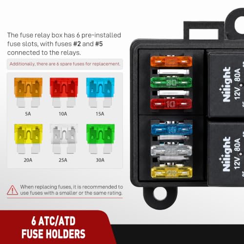 Image of Nilight 12V Fuse Relay Box 2 Relays 4pin 80A 6 Fuses Pre-Wired Block Kit | 6-Way ATC /ATO Blade Fuses Holder 12AWG Pre-Wired Relay Box Universal for Automotive Car Truck Camper Boat