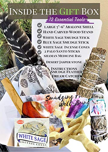 Smudge Kit Spiritual Native 12 Healing Gifts Set, Smudging Kit, Dream Catcher Home Blessing Sage Kit, Abalone, White & Blue Sage Bundles, Incense Burning Kit, Smudge Feather, Cleansing Ritual