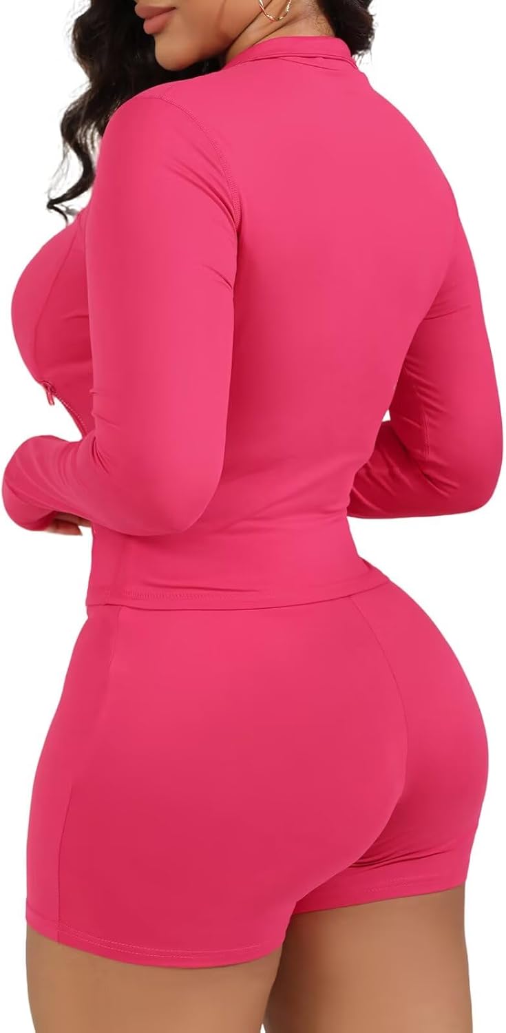EDITCOZY Women 2 Piece Outfits Sweatsuit Long Sleeve Shorts Set Full Zip Jacket Bodycon Tracksuit Sweat Suits - Image 5
