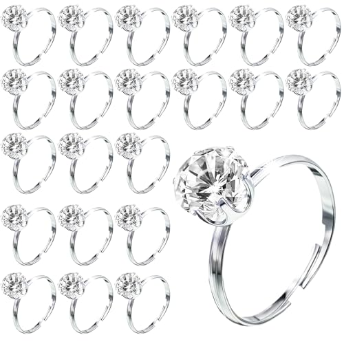 Jxiwfvl 50 Pack Silver Diamond Engagement Rings, 8mm Adjustable Bridal Shower Game Rings Fake Diamond Ring for Wedding Table Decorations, Party Favors, Cake Toppers, Arts Crafts