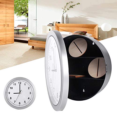 Annadue Silver Wall Clock Safe for Money Stash Jewelry Valuables Cash Storage, Hidden Secret Container Box, with 3 Shelves, for Home or Office Decor.