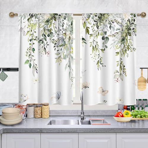 Highdi Lot de 2 Rideaux Cuisine, Courts Rideau Cuisine Rideau sous Evier, Petites Fenêtres Voilage Fenetre avec œillets pour Bistrot, Salon, Maison de...
