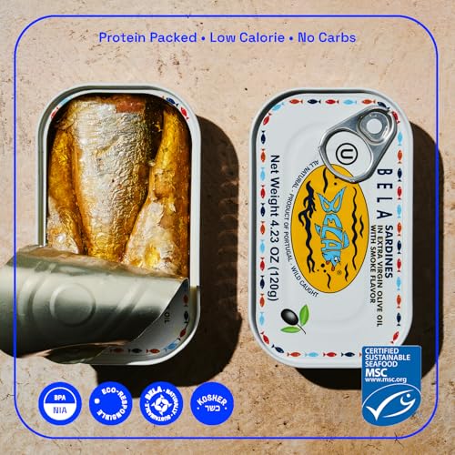 Image of BELA Wild Caught Portuguese Sardines - Lightly Smoked & Marinated in Extra Virgin Olive Oil | 4.25 Oz (Pack of 12) | All Natural, High Protein, Hand Selected, Sea Salted, & Omega 3 Rich