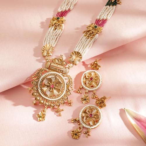 Image of Rubans Pearl Long Necklace Set Gold Plated Traditional Stylish Jewellery Gift for Women & Girls