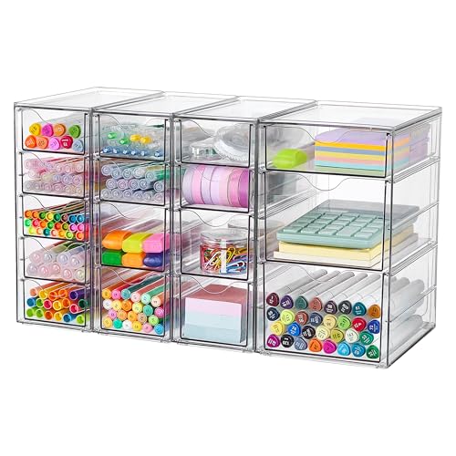 Vtopmart 4 Set Clear Desk Organizer Pen Organizer with 16 Drawers Acrylic Desktop Organization and Storage for Office Supplies Pen Makeup Art Craft Jewelry