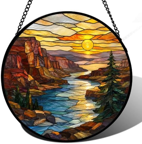 Round Stained Glass Window Hanging, Mountain Sun Moon Suncatcher, 7.87 Inch(Set12)