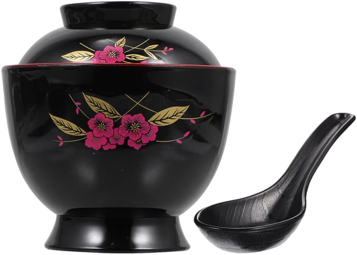 Japanese Soup Bowl with Lid and Spoon, Black Plastic, Home Use