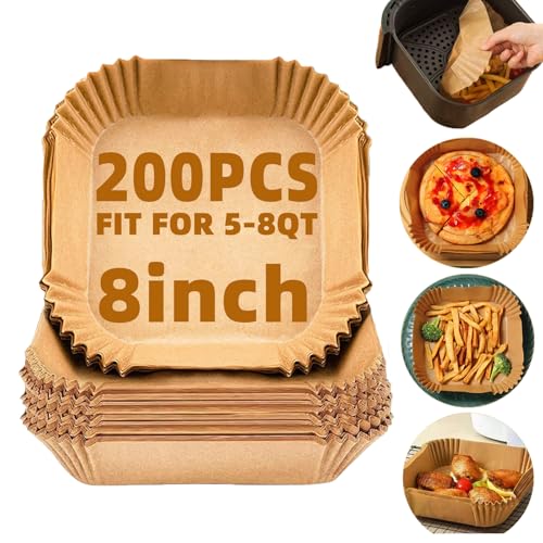 Air Fryer Liners Disposable,200Pcs Parchment Paper,LYHOLKEER 8IN Disposable Air Fryer Paper Liners for 5-8QT Air Fryer, Non-Stick, Square Liners Free of Bleach
