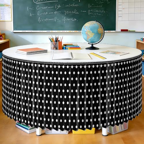 Image of 9FT Black Base White Polka Dots Table Skirt Ruffle Teacher Desk Skirt for Classroom Table Cover Skirts for Kidney Shaped Desk Back to School Party Decorations Kindergarten Office Bookcase Cabinet