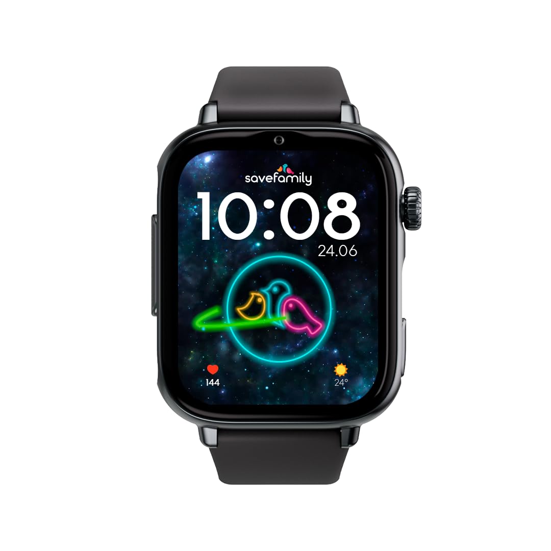 SaveFamily SaveWatch Plus 2 | Smartwatch per Bambini con Localizzatore GPS, Chiamate, Video, WhatsApp, Spotify, App Store - Quadrante Nero e Cinturino in Silicone Nero