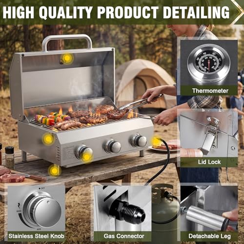 Image of Bestfire 3-Burner Tabletop Gas Grill, 30,000 BTU Portable Propane Grill, Heavy-Duty Thickened Stainless Steel Grates & Knobs, Compact & Detachable Legs for Camping, RV&BBQ
