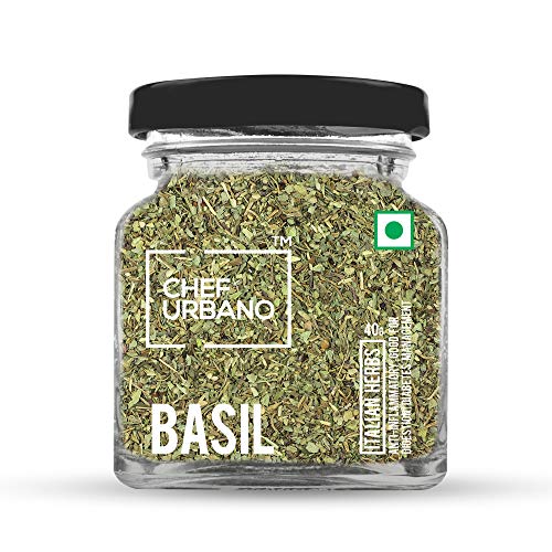 Image of Chef Urbano Basil 40 g | Italian Herbs | Pizza and Pasta Seasoning | Premium Herbs and Spices | Flakes /Leaves | Glass Bottle