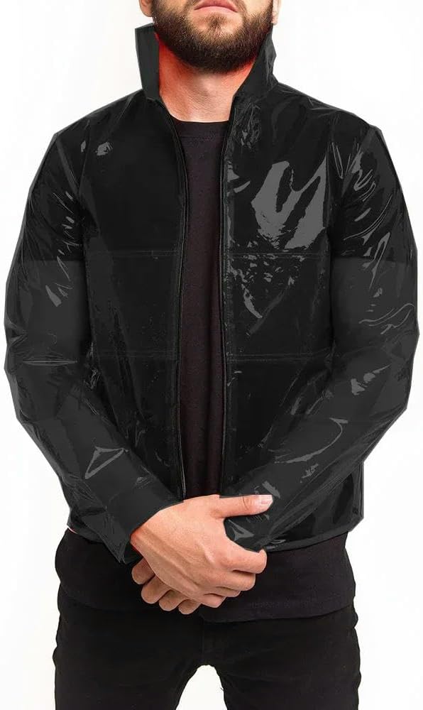 Men's PVC Punk Long Sleeve Zipper Turn Down Collar Clear Coat Jacket For Club Show Outdoor Use