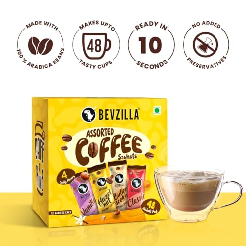 Image of Bevzilla 48 Flavoured Coffee Sachets With Frother (48X2 Gram) | 12 Pouch Each Flavour | Hazelnut, Vanilla, Classic & Butterscotch | Cafe Coffee Kit (Pack of 2)