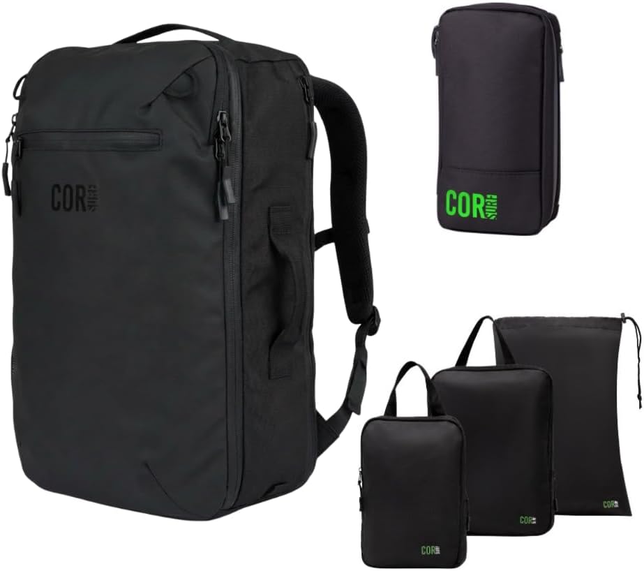 Carry On Travel Backpack Bundle | Island Hopper Travel Backpack with Toiletry Bag and Compression Packing Cube Set (28L, Black)