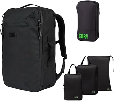 COR Surf Carry On Travel Backpack Bundle | Island Hopper Travel Backpack with Toiletry Bag and Compression Packing Cube Set 28L, Black