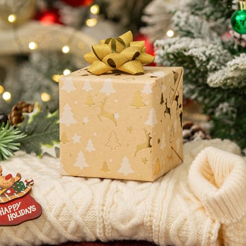 Garbendy Rolo de papel de embrulho de Natal Kraft - 43 cm x 10 m em relevo 3D com rena de folha dour