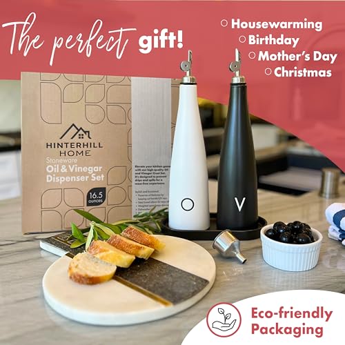 Ceramic Oil and Vinegar Dispenser Set, Premium Olive Oil Dispenser Bottle for Kitchen with Matching Vinegar Dispenser Bottle, Ceramic Olive Oil Container With Mess-free Auto Closing Spout and Tray