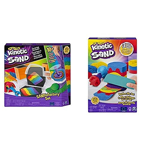 Kinetic Sand Sandisfactory Set für Indoor Sandspiel & Regenbogen Mix Set mit 383 g 3 Farben und Förmchen