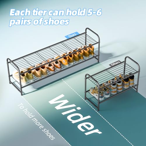 Image of 2 Tier Shoe Rack for Closet, 44 Inch Extra Wide Shoe Storage Organizer for Shelves, Heavy Duty Metal, Easy Assembly, Black