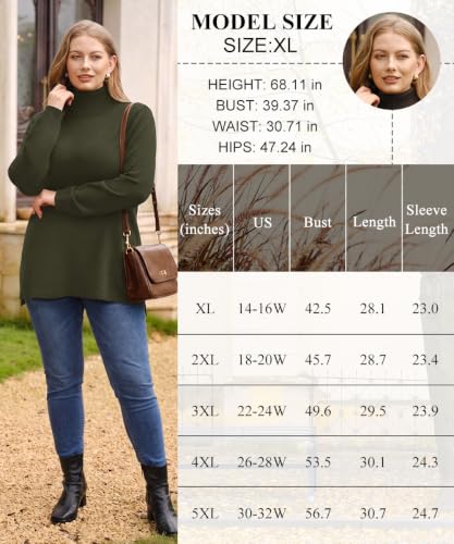 Image of CARCOS Plus Size Sweaters for Women Solid Turtleneck Sweater Long Sleeve Pullover Tops Casual Split Hem Knit Shirts