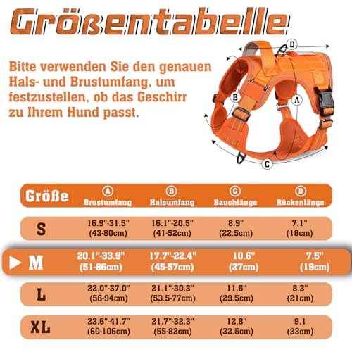 rabbitgoo Hundegeschirr mittelgroße Hunde, Anti Zug Geschirr Hund Verstellbar mit Griffe Verbreitert, Robust und Verschleißfest, Taktisches Hundegeschirr mit Metallschnallen zum Wandern(M, Orange)