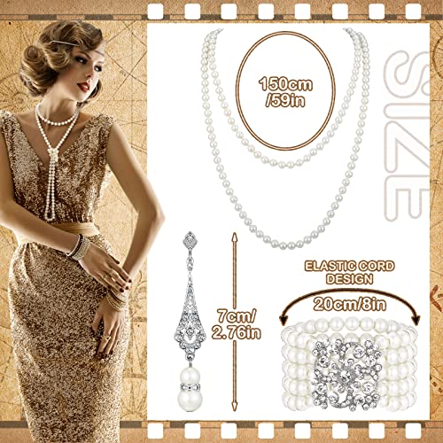 Maitys 3 Pcs 1920s Pearl Jewelry Set Includes Vintage Flapper Earrings Multilayer Imitation Pearl Necklace Bracelet for Women3